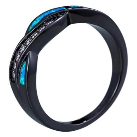 Blue Ethiopian Fire Opal eternity band wedding ring set with CZ set in Rhodium - Picture 4 of 5